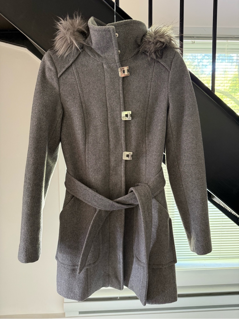 Calvin Klein Women's Gray Belted Coat with Faux Fur Trim and Removable Hood